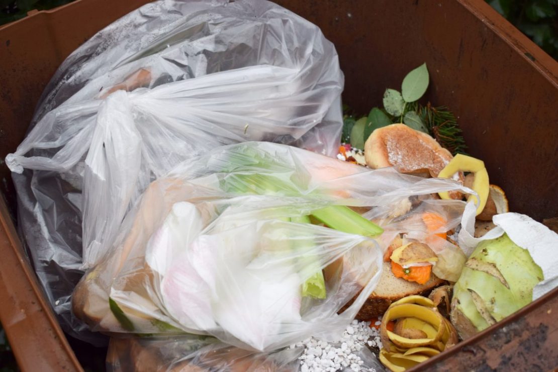 Bioabfälle und gefüllte Plastiktüten in Biotonne